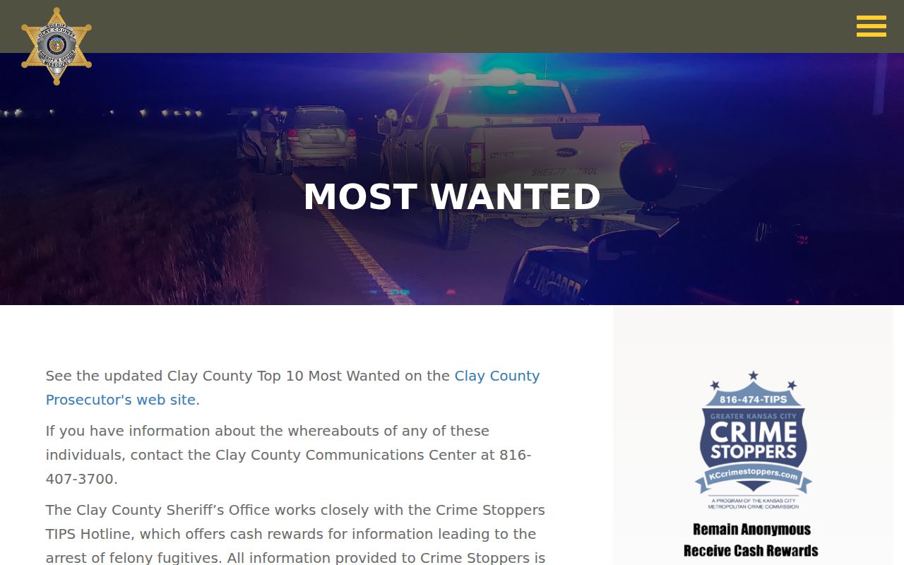 Clay County Sheriff Most Wanted program page